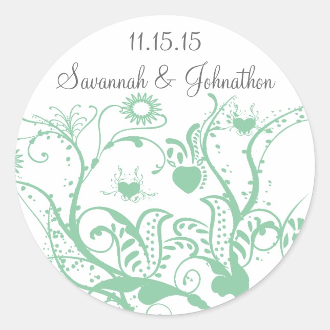 Glass Green Love Bird Swirls  Wedding Stickers (Front)