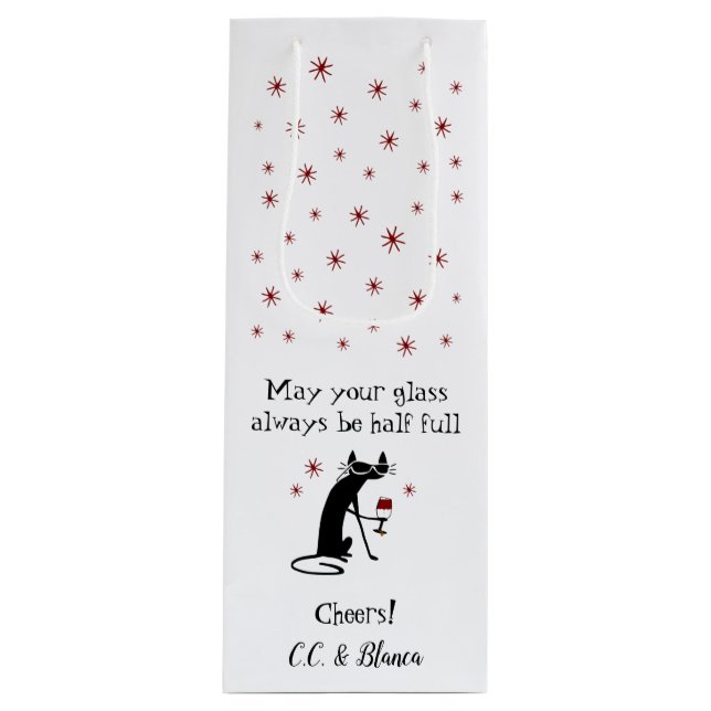 Glass Half Full Funny Wine Toast with Cat Wine Gift Bag (Front)