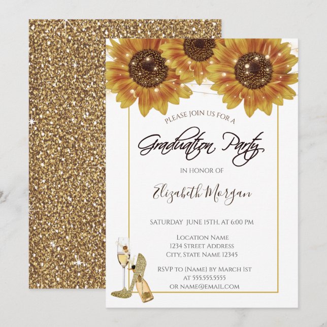 Glass,Heels Sunflowers Glitter  Graduation Party Invitation (Front/Back)