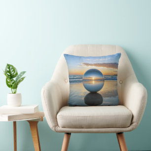 Glass Lens Ball On a Sunrise Beach Throw Pillow
