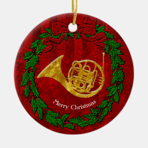 Glass Look Gold French Horn Personalize Ceramic Ornament