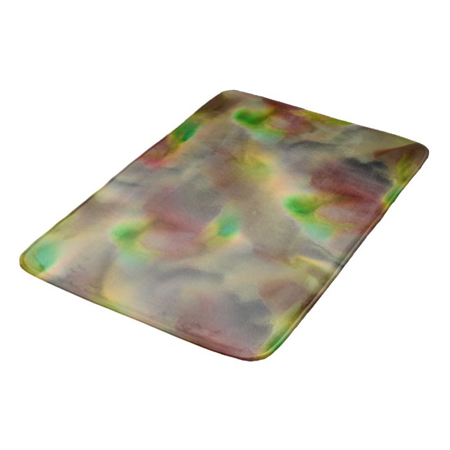 Glass look in red and lime green on shades of grey bath mat (Angled)