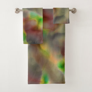 Glass look in red and lime green on shades of grey bath towel set