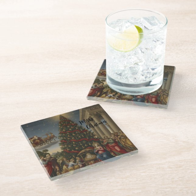 Glass Nativity Christmas Santa Table Coaster (Angled)