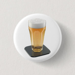Glass of lager beer on shiny black coaster 1 inch round button