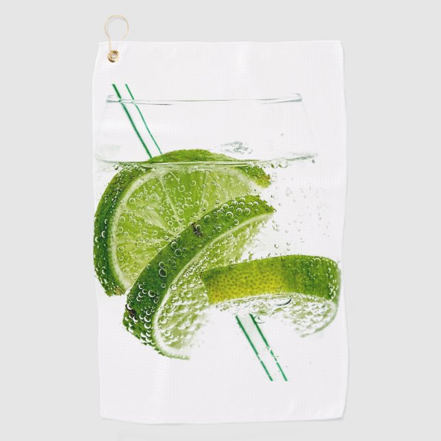 Glass of water with lime slices and straws Best Golf Towel (Front)