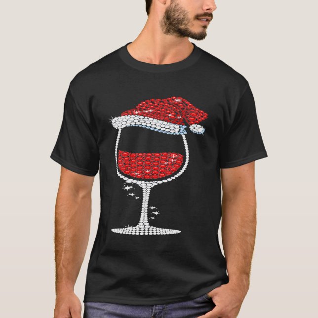 Glass Of Wine Christmas Santa Hat T-Shirt (Front)