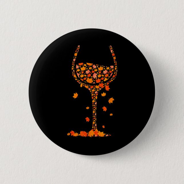 Glass Of Wine Maple Leaf Autumn Fall Funny Drink W 2 Inch Round Button (Front)