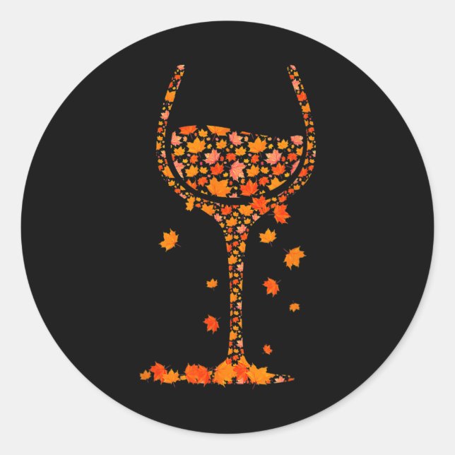 Glass Of Wine Maple Leaf Autumn Fall Funny Drink W Classic Round Sticker (Front)