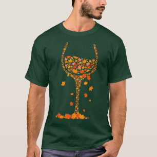 Glass of Wine Maple Leaf Autumn Fall Funny Drink W T-Shirt