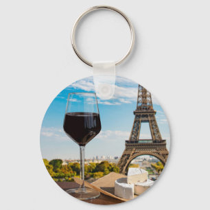 Glass of wine with brie cheese on Eiffel tower Keychain