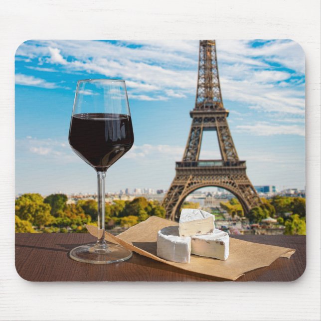 Glass of wine with brie cheese on Eiffel tower Mouse Pad (Front)