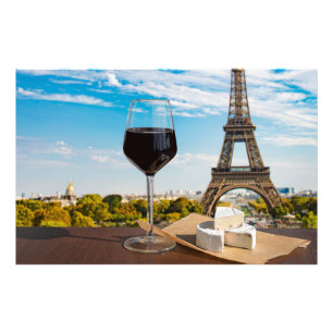 Glass of wine with brie cheese on Eiffel tower Photo Print