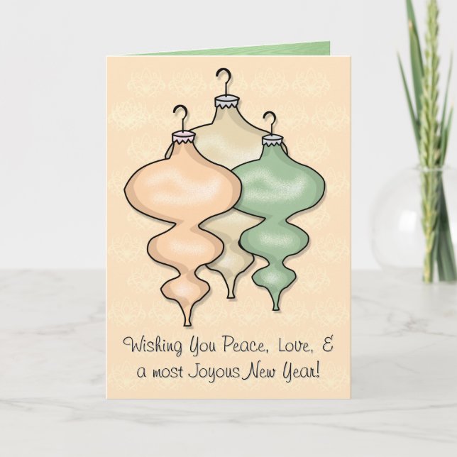 Glass Ornaments on Peach Damask (Personalized) Holiday Card (Front)