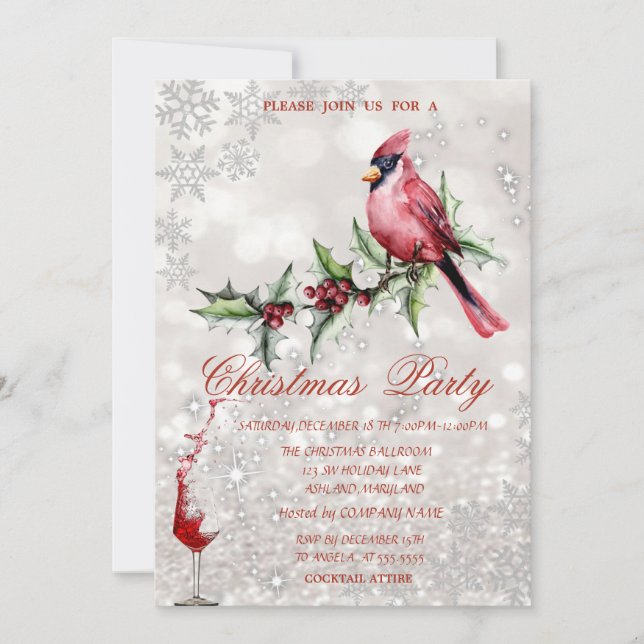 Glass Red Cardinal Holly Berry Bokeh Christmas Invitation (Front)