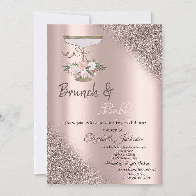 Glass,Rose Gold Glitter Bokeh Brunch & Bubbly  Invitation (Front)