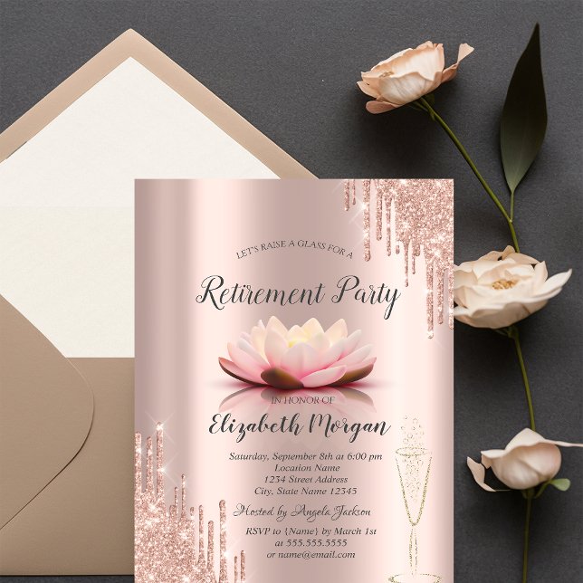 Glass Rose Gold Glitter Drips Lotus Retirement Invitation (Creator Uploaded)