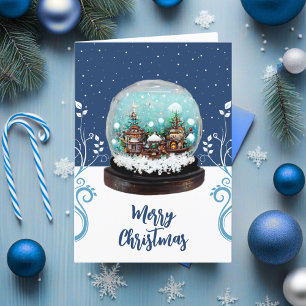 Glass Snowball Winter Village Blue Christmas Holiday Card