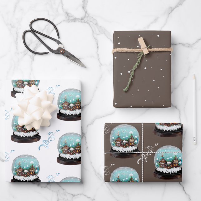 Glass Snowball Winter Village Brown Christmas Wrapping Paper Sheet (Front)