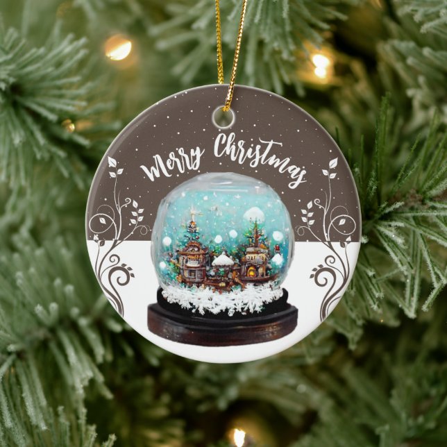Glass Snowball Winter Village Snowflakes Brown  Ceramic Ornament (Tree)