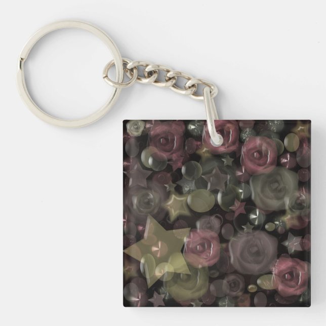 Glass, stars, flowers ceramic tile keychain (Front)