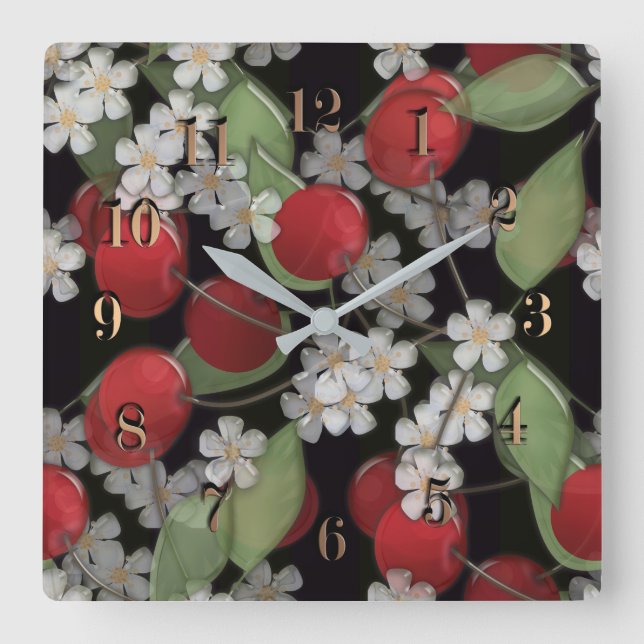 Glass tile 3D liquid cherry and flowers bloom Square Wall Clock (Front)