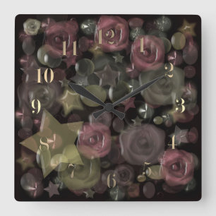 Glass tile 3D liquid roses and stars Square Wall Clock