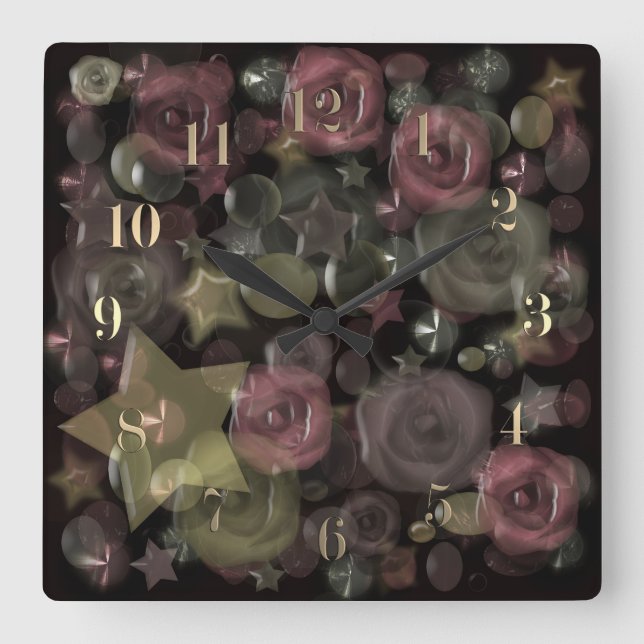 Glass tile 3D liquid roses and stars Square Wall Clock (Front)
