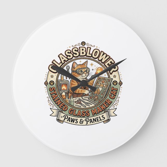 Glassblower Stained Glass Maker Cat Glassblower St Large Clock (Front)
