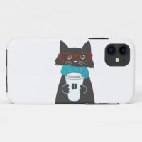 Glasses cat holding a cup of coffee
