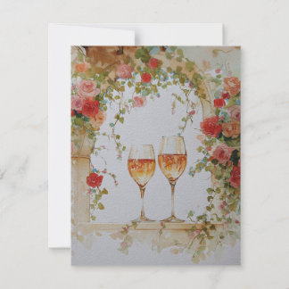 Glasses of sparkling wine under a floral arch holiday card