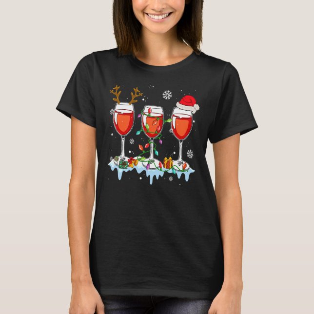 Glasses Of Wine Xmas Light Reindeer Santa Hat Drin T-Shirt (Front)