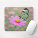 Glasswing Butterfly On a Cosmos Flower Mouse Pad<br><div class="desc">A delicate glasswing butterfly with transparent wings gently settles on a vibrant pink cosmos flower,  creating a dreamlike scene enhanced by a soft focus background</div>