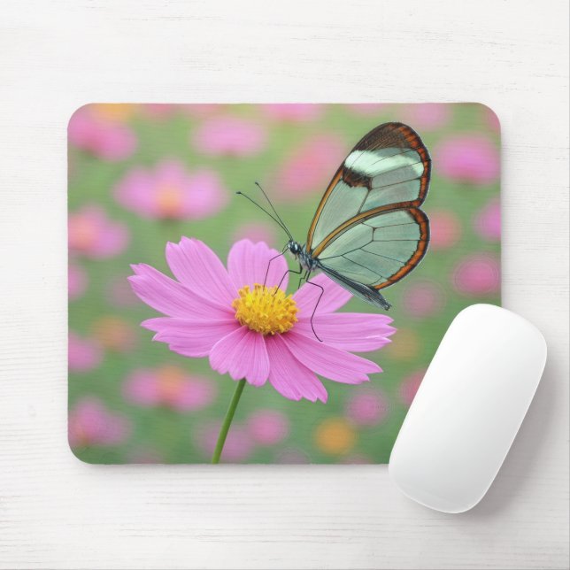 Glasswing Butterfly On a Cosmos Flower Mouse Pad (With Mouse)