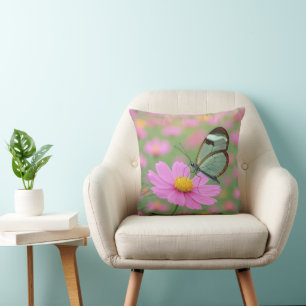 Glasswing Butterfly On a Cosmos Throw Pillow