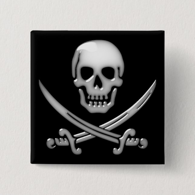 Glassy Pirate Skull & Sword Crossbones 2 Inch Square Button (Front)