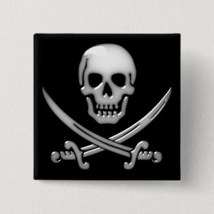Glassy Pirate Skull & Sword Crossbones 2 Inch Square Button