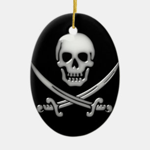 Glassy Pirate Skull & Sword Crossbones Ceramic Ornament