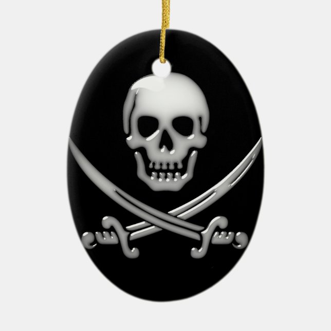 Glassy Pirate Skull & Sword Crossbones Ceramic Ornament (Front)