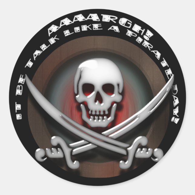 Glassy Pirate Skull & Sword Crossbones Classic Round Sticker (Front)