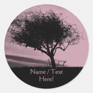 Glastonbury Hawthorn. Tree on Hill. Pink, Black. Classic Round Sticker