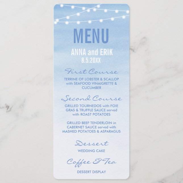 Glaucous Blue Watercolor String Lights Menu Card (Front)