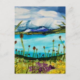 Glazier lake below the mountains postcard