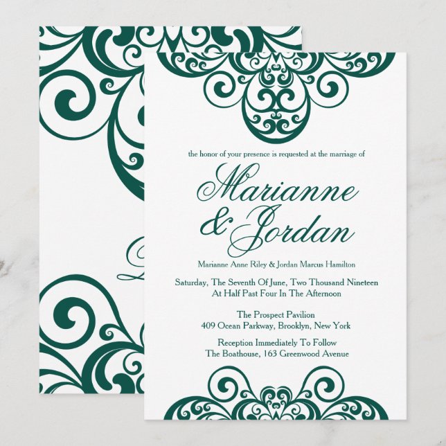 Gleaming Emerald Green Ornate Wedding Invitations (Front/Back)