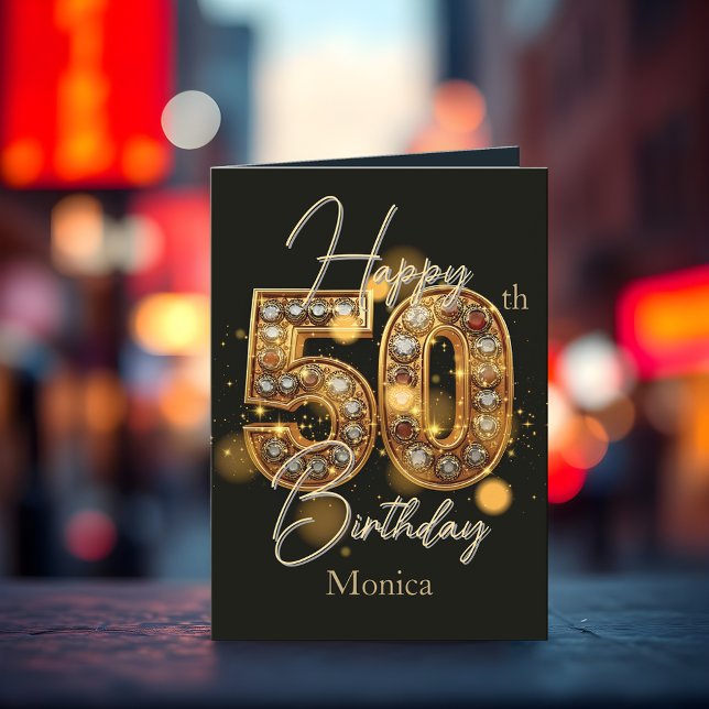 Gleaming Gold and Black Gemstone 50th Birthday Card (Creator Uploaded)