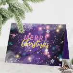 Gleaming Purple Winter Wonderland Merry Christmas Holiday Card<br><div class="desc">Experience the magic of the holiday season with our stunning Christmas greeting card! The card features a captivating galaxy-like design on a dark purple background, illuminated by twinkling Christmas lights and delicate snowflakes. Inside of the card there is a fully customizable message and signature. Customize it to make it truly...</div>