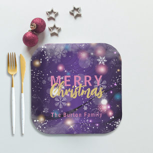 Gleaming Purple Winter Wonderland Merry Christmas Paper Plate