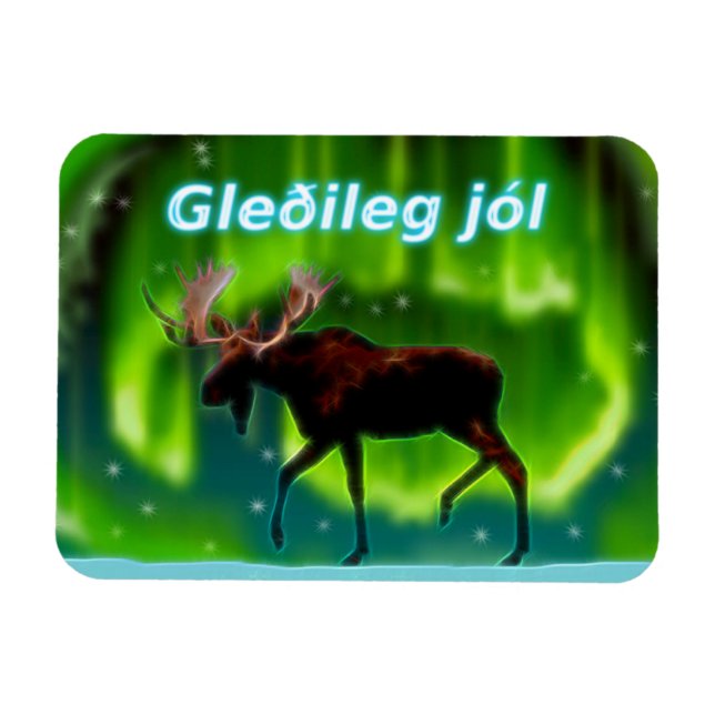 Gleðileg jól - Northern Lights Moose Magnet (Horizontal)