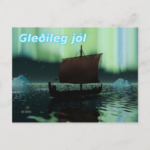Gleðileg Jól - Viking Ship And Northern Lights Postcard