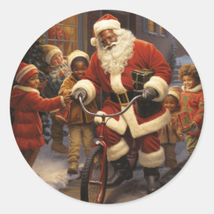Glee with Black Santa: Merry Christmas Joy Classic Round Sticker